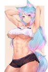  1girl abs absurdres animal_ear_fluff animal_ears armpits arms_behind_head arms_up bangs black_shorts blue_eyes blue_hair breasts cleavage commentary commission deccatezu english_commentary flower hair_flower hair_ornament highres large_breasts long_hair looking_at_viewer multicolored_hair multicolored_tail navel pink_hair shirt shorts silvervale streaked_hair swept_bangs tail tail_ornament underboob virtual_youtuber vshojo white_shirt wolf_ears wolf_girl wolf_tail 