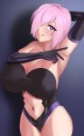  1girl armpits bangs bare_shoulders black_leotard breasts cleavage clothing_cutout elbow_gloves fate/grand_order fate_(series) gloves gudakoguda hair_over_one_eye highleg highleg_leotard highres huge_breasts leotard licking_lips light_purple_hair looking_at_viewer mash_kyrielight navel navel_cutout presenting_armpit purple_eyes purple_gloves short_hair smile solo thighs tongue tongue_out 