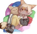  1girl asymmetrical_legwear bare_shoulders black_footwear black_jacket black_thighhighs blonde_hair blush boots character_pillow commentary_request coyopotato coyote_(kemono_friends) coyote_ears coyote_girl coyote_tail extra_ears hair_between_eyes handsdsds jacket kemono_friends long_sleeves looking_at_viewer lying multicolored_hair on_back paw_print_soles pillow pleated_skirt shirt short_hair sitting skirt solo spaghetti_strap striped striped_thighhighs thighhighs two-tone_thighhighs white_hair white_shirt white_thighhighs yellow_eyes yellow_thighhighs zettai_ryouiki 