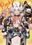  2boys absurdres animal_ears aqua_eyes arataki_itto armor black_gloves brown_hair crop_top dog_boy dog_ears fangs genshin_impact gloves gorou_(genshin_impact) highres japanese_armor japanese_clothes male_focus multicolored_hair multiple_boys muscular muscular_male shei99 smile streaked_hair teeth white_hair 