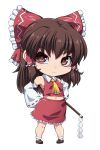  1girl ascot bow brown_eyes chibi closed_mouth detached_sleeves gohei hair_bow hair_tubes hakurei_reimu highres looking_at_viewer medium_hair midriff navel ootsuki_wataru red_bow red_skirt simple_background skirt solo standing touhou white_background white_sleeves yellow_ascot 