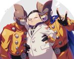  3boys :d ;) \m/ arm_around_waist black_gloves black_hair blue_cape cape closed_mouth colored_sclera colored_skin colored_tongue commentary_request dr._hedo dragon_ball dragon_ball_super dragon_ball_super_super_hero gamma_1 gamma_2 gloves grey_background grey_skin hand_on_another&#039;s_shoulder hand_up happy hood hood_down jacket labcoat long_sleeves looking_at_viewer male_focus multiple_boys one_eye_closed open_mouth purple_tongue red_cape red_ribbon_army short_hair smile superhero teeth tongue twitter_username two-tone_background upper_teeth white_background yellow_gloves yellow_jacket yellow_sclera zero-go zipper_pull_tab 