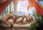  anthro brown_body brown_fur canid canine canis cuddling domestic_dog duo fennec fox fur hi_res lake light light_beam male male/male mammal roman_empire romantic sleeping stampmats 