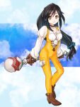 1girl black_hair blue_sky bodysuit breasts brown_eyes choker cleavage closed_mouth cloud final_fantasy final_fantasy_ix full_body garnet_til_alexandros_xvii gloves highres jewelry juri long_hair looking_at_viewer low-tied_long_hair medium_breasts necklace orange_bodysuit ponytail sky smile solo staff weapon 