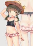  1girl absurdres adapted_costume ass bikini bob_cut braid breasts brown_eyes brown_headwear butt_crack commentary_request covered_navel floral_print frilled_bikini frills green_hair hat highres kantai_collection mismatched_bikini multiple_views official_alternate_costume short_hair sidelocks small_breasts sun_hat swimsuit takanami_(kancolle) yashin_(yasinz) zoom_layer 
