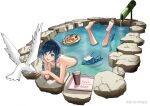  1boy bangs bird black_hair blue_(kxta4887) blue_eyes blue_hair braid chinese_commentary coffee_cup commentary_request cup disposable_cup dove dragon dvalin_(genshin_impact) genshin_impact gradient_hair highres male_focus multicolored_hair nude onsen open_mouth short_hair_with_long_locks smile solo twin_braids venti_(genshin_impact) 