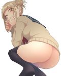  1girl ass bangs blonde_hair blush boku_no_hero_academia bottomless breasts commentary fangs highres kobaji looking_at_viewer looking_back messy_hair neckerchief no_shoes school_uniform smile solo squatting toga_himiko white_background yellow_eyes 
