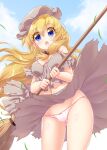  1girl blonde_hair blue_eyes blush broom cosette dress hat highres holding holding_broom les_miserables_shoujo_cosette long_hair looking_at_viewer navel panties pantyshot solo torn_clothes underwear wind wind_lift yakisoba_(kaz2113) 
