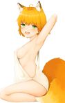  1girl :d absurdres ahoge animal_ears arm_behind_head armpits bangs blush breasts covered_nipples fox_ears fox_girl fox_tail from_side green_eyes highres large_breasts looking_at_viewer no_bra no_panties open_mouth orange_hair original presenting_armpit shirt sideboob simple_background sleeveless sleeveless_shirt smile solo tail white_shirt yagih 