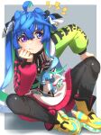  1girl :t @_@ ahoge annoyed bangs black_pantyhose blue_eyes blue_hair boots cheek_rest commentary crossed_bangs drawstring elbow_on_knee green_hair grey_background hair_between_eyes hair_ribbon hand_on_own_knee heterochromia highres long_hair long_sleeves looking_at_viewer multicolored_hair pantyhose puffy_long_sleeves puffy_sleeves purple_eyes ribbon sidelocks simple_background sitting solo spread_legs stuffed_animal stuffed_bunny stuffed_toy thin_(suzuneya) twin_turbo_(umamusume) twintails two-tone_hair umamusume very_long_hair yellow_footwear 