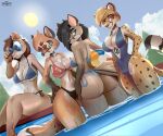  2022 absurd_res anthro artist_name breasts butt canid canine canis cleavage clothed clothing eyewear female fox group hi_res hinget mammal one-piece_swimsuit sitting summer sunglasses swimming_pool swimwear watermark wolf 