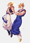  2boys abs blonde_hair blue_eyes blue_sash commentary_request crossed_arms dated dougi dragon_ball dragon_ball_z gogeta grey_background halo hands_on_hips highres looking_at_viewer looking_to_the_side male_focus metamoran_vest multiple_boys pants pectoral_cleavage pectorals sash simple_background spiked_hair twitter_username vegetto white_pants zero-go 