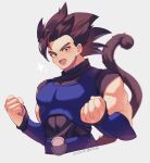  1boy :d armor black_eyes black_hair black_shirt clenched_hands commentary_request cropped_torso dated dragon_ball dragon_ball_legends fang happy looking_at_viewer male_focus monkey_tail muscular muscular_male saiyan_armor shallot_(dragon_ball) shirt simple_background skin_fang smile solo sparkle spiked_hair tail twitter_username upper_body zero-go 