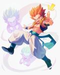 3boys abs blonde_hair blue_eyes blue_sash boots commentary_request dragon_ball dragon_ball_z full_body ghost gotenks grin highres looking_at_viewer male_child male_focus metamoran_vest multiple_boys muscular muscular_child notice_lines open_mouth pants pectorals pointing pointing_at_viewer sash smile spiked_hair super_ghost_kamikaze_attack super_saiyan super_saiyan_1 teeth tongue tongue_out twitter_username white_background white_pants zero-go 