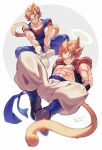  2boys abs black_footwear blonde_hair blue_eyes blue_sash blurry boots closed_mouth dated depth_of_field dougi dragon_ball dragon_ball_z earrings gloves gogeta grey_background halftone halo highres jewelry looking_at_viewer looking_to_the_side male_focus metamoran_vest monkey_tail multiple_boys muscular muscular_male pants pectoral_cleavage pectorals potara_earrings sash serious sitting smirk super_saiyan super_saiyan_1 tail twitter_username two-tone_background vegetto white_background white_footwear white_gloves white_pants zero-go 