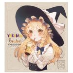  1girl artist_logo artist_name black_headwear black_vest blonde_hair blush bow closed_mouth drink drinking_straw drinking_straw_in_mouth hat hat_bow highres holding holding_drink kirisame_marisa long_hair long_sleeves mochacot shirt solo starbucks touhou vest white_bow white_shirt witch_hat yellow_eyes 