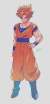  1boy blonde_hair blue_sash blue_shirt blue_wristband closed_mouth collarbone commentary_request dated dougi dragon_ball full_body green_eyes grey_background hand_on_hip highres looking_at_viewer male_focus orange_pants pants pectoral_cleavage pectorals sash shirt short_sleeves simple_background smile solo son_goku spiked_hair standing super_saiyan super_saiyan_1 twitter_username wristband zero-go 