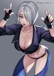  1girl absurdres angel_(kof) blue_eyes bra breasts chaps cropped_jacket finger_horns fingerless_gloves gloves hair_over_one_eye highres horns_pose index_fingers_raised jacket kagematsuri large_breasts leather leather_jacket looking_at_viewer open_mouth snk solo strapless strapless_bra the_king_of_fighters the_king_of_fighters_xiv toned underwear white_hair 