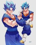  1boy blue_eyes blue_hair blue_sash boots commentary_request dougi dragon_ball dragon_ball_super earrings figure_four_sitting gogeta grey_background grin hand_up highres invisible_chair jewelry looking_at_viewer looking_to_the_side male_focus multiple_views open_mouth pectoral_cleavage pectorals potara_earrings sash simple_background sitting smile spiked_hair standing super_saiyan super_saiyan_blue vegetto white_footwear zero-go 