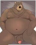  2022 anthro belly ben_(zenless_zone_zero) big_belly black_nose brown_body genital_piercing genitals hi_res humanoid_genitalia humanoid_hands humanoid_penis male mammal mihoyo moobs navel nipples overweight overweight_male penis penis_piercing piercing prince_albert_piercing sato_afroleone scar sitting solo ursid zenless_zone_zero 