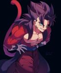  1boy abs aqua_eyes black_background black_hair blue_sash blurry commentary_request dated depth_of_field dragon_ball dragon_ball_heroes earrings gloves grey_gloves grin hands_on_hips highres jewelry leaning_forward male_focus monkey_boy monkey_tail no_nipples pants pectorals potara_earrings red_fur red_pants sash simple_background smile solo spiked_hair super_saiyan super_saiyan_4 tail twitter_username vegetto vegetto_(xeno) zero-go 