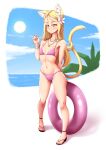  1girl animal_ear_fluff animal_ears arm_behind_back bare_shoulders beach bikini blonde_hair blue_sky bracelet breasts cat_ears cat_girl cat_tail cloud commentary day english_commentary flower full_body hair_flower hair_ornament highres innertube jewelry long_hair looking_at_viewer mazume navel necklace original outdoors pink_bikini sky small_breasts solo standing sun swimsuit tail yellow_eyes 