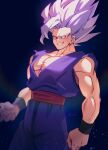  1boy arms_at_sides blue_background clenched_hand commentary_request dougi dragon_ball dragon_ball_super dragon_ball_super_super_hero gohan_beast grey_hair grin highres looking_at_viewer male_focus muscular muscular_male pectorals red_eyes red_sash sash simple_background smile solo son_gohan spiked_hair standing twitter_username wristband zero-go 