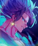  1boy blue_background blue_eyes blue_hair commentary_request dragon_ball dragon_ball_super earrings from_side glint grin jewelry looking_at_viewer looking_to_the_side male_focus pectoral_cleavage pectorals potara_earrings profile smile solo spiked_hair super_saiyan super_saiyan_blue twitter_username vegetto zero-go 