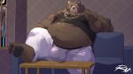  2022 anthro belly ben_(zenless_zone_zero) big_belly bottomwear brown_body bulge clothing detailed_background feet furniture inside male mammal mihoyo overweight overweight_male pants reclamon scar sofa solo underwear ursid zenless_zone_zero 