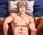  1boy abs after_pecjob bangs bara bed blonde_hair cum cum_on_body cum_on_boy facial granblue_fantasy highres large_pectorals lying male_focus muscular muscular_male navel nipples nude on_back on_bed pectorals pillow short_hair smile solo soupyeel tongue tongue_out twitter_username vane_(granblue_fantasy) 