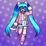  1girl :3 anaglyph animal_ears aqua_hair big_eyes blue_eyes blue_hair blue_skirt boots cat_ears cat_girl cat_tail chromatic_aberration cross-laced_footwear gradient gradient_background hatsune_miku highres jacket knee_boots lace-up_boots leg_up long_hair necktie open_mouth paw_pose pink_jacket pleated_skirt shiny shiny_hair signature skirt solo springy standing starry_background tail thighhighs twintails very_long_hair vocaloid 