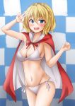  1girl anti_(untea9) bikini blonde_hair blue_eyes braid breasts cape checkered_background cleavage colorado_(kancolle) commentary_request cowboy_shot embarrassed highres kantai_collection large_breasts red_cape short_hair side-tie_bikini_bottom side_braids solo standing swimsuit tiara v white_bikini 
