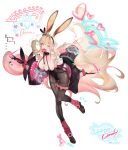  1girl absurdres animal_ears black_hairband black_jacket blonde_hair breasts brown_pantyhose cleavage commentary_request doughnut food full_body hairband highres jacket large_breasts long_hair looking_at_viewer mouth_hold multicolored_hair one_eye_closed original pantyhose pink_hair rabbit_ears rabbit_girl red_eyes shokuen_(oxstl) simple_background two-tone_hair very_long_hair white_background 