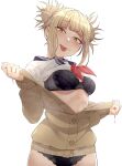  1girl :p bangs black_panties blonde_hair blunt_bangs boku_no_hero_academia double_bun hair_bun highres kobaji long_sleeves neckerchief open_clothes open_shirt panties school_uniform serafuku shirt short_hair solo sweater toga_himiko tongue tongue_out underwear white_shirt yellow_eyes yellow_sweater 