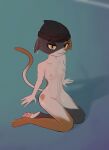  absurd_res anthro birthmark brown_body brown_fur clothing collarbone completely_naked domestic_cat ear_piercing ears_down epic_games felid feline felis female flat_chested fortnite fur grey_body grey_fur headgear headwear hi_res kuwsh makeup mammal markings meow_skulls_(fortnite) multicolored_body multicolored_ears multicolored_fur nipples pawpads piercing pink_pawpads pivoted_ears pose simple_background sitting_on_ground skinny_female solo solo_focus video_games yellow_eyes 