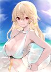  1girl ball bangs bare_shoulders bikini blonde_hair blue_sky breasts closed_mouth cloud cloudy_sky earrings hair_between_eyes harutask highres holding holding_ball jewelry long_hair medium_breasts navel ocean original outdoors red_eyes sky smile solo standing stomach swimsuit upper_body white_bikini 