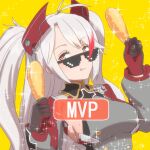  1girl :q antenna_hair azur_lane bangs black_gloves breasts cross deal_with_it_(meme) food gloves headgear holding holding_food iron_cross kuroshiro_gurei long_hair long_sleeves looking_at_viewer meme mole mole_on_breast multicolored_hair mvp orange_eyes prinz_eugen_(azur_lane) red_hair simple_background solo sparkle streaked_hair sunglasses tongue tongue_out two_side_up upper_body white_hair yellow_background 