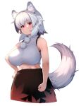  1girl animal_ear_fluff animal_ears betei breasts commentary_request hand_on_hip highres inubashiri_momiji large_breasts looking_at_viewer midriff navel no_headwear pink_eyes shirt short_hair simple_background skirt sleeveless sleeveless_shirt solo tail touhou white_background white_hair white_shirt wolf_ears wolf_tail 