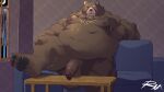  2022 absurd_res anthro belly ben_(zenless_zone_zero) big_belly blush brown_body detailed_background feet furniture hi_res inside male mammal mihoyo moobs nipples overweight overweight_male reclamon scar sofa solo ursid zenless_zone_zero 