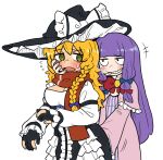  2girls @_@ blonde_hair bow breasts bseibutsu cigarette cleavage commentary_request cookie_(touhou) flat_chest gloves grabbing grabbing_from_behind grin groping hat hat_bow kirisame_marisa large_breasts long_hair mars_(cookie) molestation multiple_girls partially_fingerless_gloves patchouli_knowledge purple_hair red_scarf scarf sidelocks smile sweatdrop touhou very_long_hair witch_hat yellow_eyes yuri 