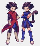  2boys aged_down armor black_eyes black_hair blue_footwear boots brothers closed_mouth coat commentary_request crossed_arms dated dragon_ball dragon_ball_legends giblet_(dragon_ball) gloves grey_background grey_footwear grey_gloves hand_on_hip highres hood hood_down hooded_coat looking_at_viewer male_focus monkey_tail multiple_boys red_coat saiyan_armor scar scar_on_cheek scar_on_face shallot_(dragon_ball) siblings simple_background smile spiked_hair standing tail twins twitter_username zero-go 