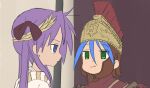  2girls bangs blue_eyes blue_hair brown_ribbon english_commentary expressionless green_eyes hair_between_eyes hair_ribbon highres hiiragi_kagami izumi_konata long_hair looking_at_viewer looking_away lucky_star mole mole_under_eye monty_python monty_python&#039;s_life_of_brian multiple_girls parody pout purple_hair ribbon scene_reference upper_body zlix0n 