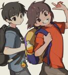  2boys backpack bag black_eyes black_hair blue_shirt bottle brown_eyes brown_hair brown_shorts grin highres kel_(omori) looking_at_viewer missing_tooth moti_(m0cch1m0) multiple_boys omori orange_shirt parted_lips shirt short_hair short_sleeves shorts smile sunny_(omori) teeth twitter_username 