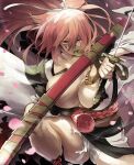  1girl amputee baiken bangs big_hair black_kimono breasts cherry_blossoms cleavage clenched_teeth falling_petals guilty_gear highres holding holding_sword holding_weapon jako_(toyprn) japanese_clothes kataginu kimono large_breasts multicolored_clothes multicolored_kimono obiage obijime one-eyed open_clothes open_kimono petals pink_eyes pink_hair raiden_shogun reverse_grip samurai sarashi scar scar_across_eye scar_on_face sheath sword teeth weapon white_kimono 