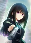  1girl aiming_at_viewer black_hair closed_mouth commentary_request green_ribbon gun handgun highres holding holding_gun holding_weapon inoue_takina long_hair looking_at_viewer lycoris_recoil lycoris_uniform neck_ribbon purple_eyes ribbon solo tohoho_(hoshinoyami) two-tone_dress upper_body weapon 