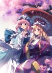  2girls absurdres baozishark blonde_hair blue_headwear blue_kimono blush branch cherry_blossoms falling_petals hanami hat highres holding holding_umbrella japanese_clothes kimono long_hair mob_cap multiple_girls obi oil-paper_umbrella petals pink_eyes pink_hair purple_eyes ribbon saigyouji_yuyuko sash short_hair spring_(season) touhou tree triangular_headpiece umbrella wide_sleeves yakumo_yukari yuri 