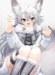  1girl :d animal_ears belt blue_eyes boots braid capelet claw_pose commission daifukumochi_(akaaokiiwo) fang fur-trimmed_capelet fur-trimmed_skirt fur_trim grey_capelet grey_footwear grey_hair highres indie_virtual_youtuber long_hair long_sleeves looking_at_viewer n_(virtual_youtuber) side_braid skeb_commission skin_fang skirt smile tail thigh_belt thigh_strap v-shaped_eyebrows virtual_youtuber wolf_ears wolf_girl wolf_tail 