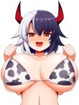  1girl :d animal_ears animal_print blush breasts clenched_hands cow_ears cow_girl cow_horns cow_print fang from_below full-face_blush highres horns huge_breasts multicolored_hair open_mouth smile solo touhou two-tone_hair ushizaki_urumi white_background xialu_zajin 