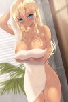  1girl blonde_hair blue_eyes boku_wa_tomodachi_ga_sukunai breasts cait_aron closed_mouth collarbone commentary_request completely_nude hair_between_eyes highres holding holding_towel kashiwazaki_sena large_breasts long_hair looking_at_viewer nude solo tan tanlines towel towel_on_head wet wet_hair 