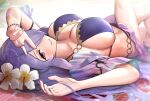  1girl beach bikini breasts camilla_(fire_emblem) cleavage commentary_request day fire_emblem fire_emblem_fates fire_emblem_heroes flower gonzarez hair_over_one_eye hibiscus highres large_breasts legs lips long_hair looking_at_viewer lying on_back purple_eyes purple_hair sarong sidelocks simple_background solo swimsuit very_long_hair wavy_hair 